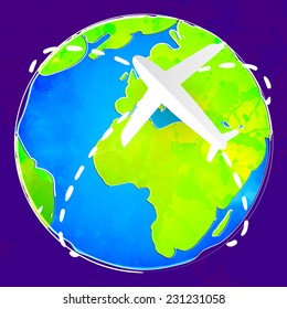 White paper plane flies over the colorful earth at violet background. Travel concept, vector illustration.