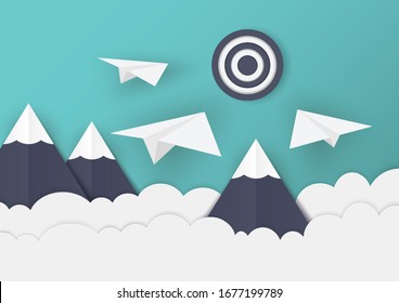 A white paper plane flying around a mountain to the target