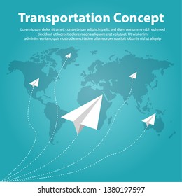 white paper plane flying on around the world,transportation concept