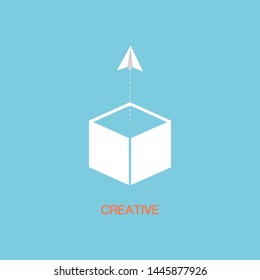 White paper plane flying out of the box, creative thinking concept.