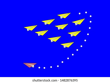 White paper plane go in one direction and one red paper plane change in different way on blue background. Business concept