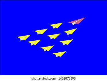 White paper plane go in one direction and one red paper plane change in different way on blue background. Business concept