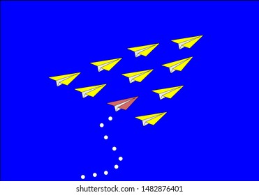 White paper plane go in one direction and one red paper plane change in different way on blue background. Business concept