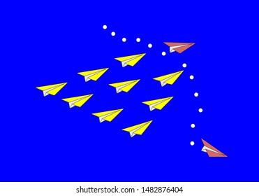 White paper plane go in one direction and one red paper plane change in different way on blue background. Business concept