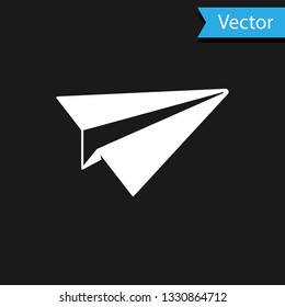 White Paper plane icon isolated on black background. Paper airplane icon. Aircraft sign. Vector Illustration
