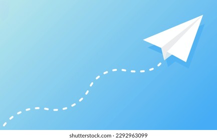 White paper plane with line route on blue background. Flying plane with shadow. Hand drawing path airplane. Vector 10 Eps.
