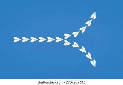 Planos de white paper divergindo em várias direções, simbolizando flexibilidade, escolha e explorando novas possibilidades