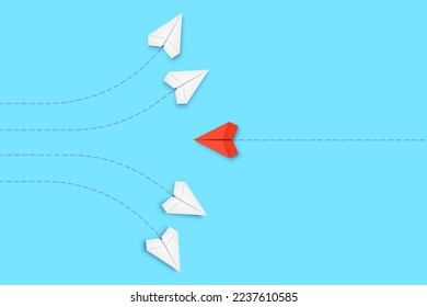White paper planes flying in one direction. Red plane changing direction. Be yourself, think differently concept. Going out of line, innovation, unique, leadership, new idea. Courage to risk. Vector