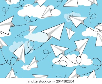 White paper planes vector seamless pattern. Flying paper planes illustrations flying in cloudy blue sky. Can be used as wallpaper, banner or card template, wrapping paper. For textile or website uses.