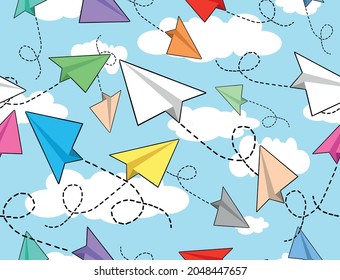 White paper planes vector seamless pattern. Flying paper planes illustrations flying in cloudy blue sky. Can be used as wallpaper, banner or card template, wrapping paper. For textile or website uses.