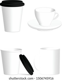 White paper (plastic) coffee cup and black lid 3D graphic mock up (model).Packaging design.