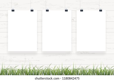 White paper poster background hanging on white wood wall. Vector illustration.