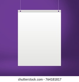White paper poster in dark violet studio room backdrop. Template mock up for display of product or your content. Business background.