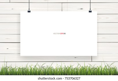White paper poster hanging on white wooden texture background with green grass. Vector illustration.