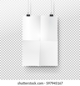 White paper poster mockup with traces of the folded sheet hanging on binder. Transparent background with mock up empty paper blank. Layout mockup. Vertical template sheet.