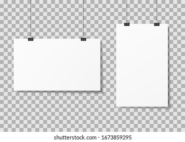 White paper posters hanging on binder clips with shadows. Mock up empty paper blank. Vertical, horizontal template flyer, sheet, frame on transparent background. White posters boards gallery. Vector.