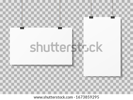 White paper posters hanging on binder clips with shadows. Mock up empty paper blank. Vertical, horizontal template flyer, sheet, frame on transparent background. White posters boards gallery. Vector.