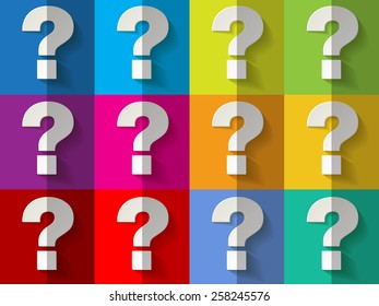 White paper question marks on checkered colorful pattern background 