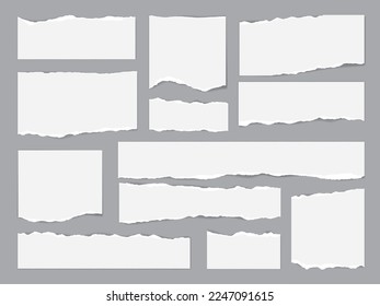 Reißverschlüsse aus weißem Papier, zerrissene Seitenteile und Schrott, Notizbuchstreifen, Vektorgrafik. Weißes zerrissenes Papier oder Memo-Notizblöcke aus dem Copybook, zerrissene Seitenrippen und zerrissene Stücke