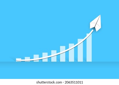 White paper rocket on a blue background. Business growth concept, business success, compete with competitors.