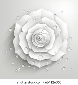 White paper rose with drops of dew in 3D style