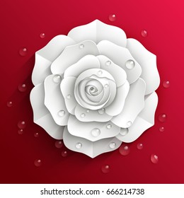 Weißpapier Rose mit Tau im 3D-Stil auf rot gesättigtem Hintergrund