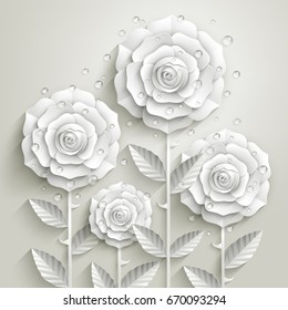 White paper roses with leaves and drops of dew. 3D style. Decorative background.