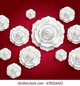 White paper roses on a red saturated background in 3d style.