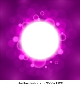 White paper round banner. Isolated on purple bokeh background. With space for text. Vector illustration.