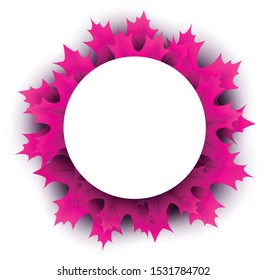 Espacio redondo de papel blanco sobre fondo otoñal con hermosas hojas de arce rosadas. Decoración de temporada - Vector