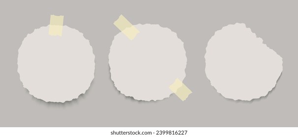 White paper round stickers with torn edges, shadow and adhesive tape on transparent background.