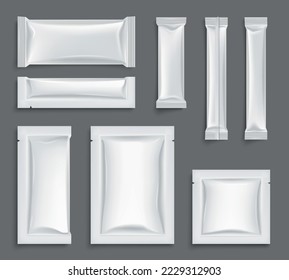 White paper sachet packet mockups for sugar or soluble powder realistic set isolated on grey background vector illustration