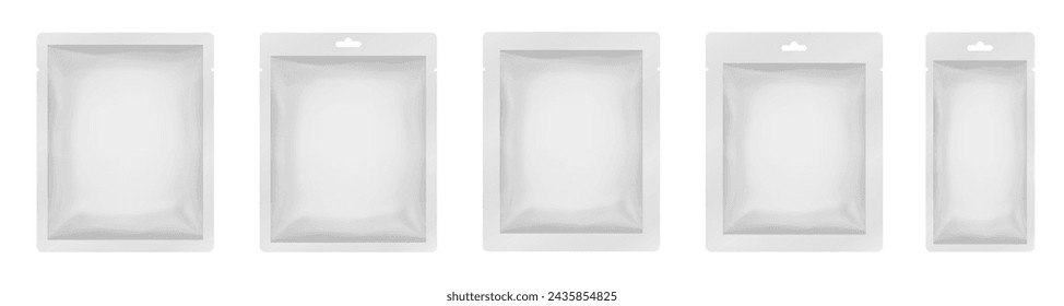 White paper sachet or pouch. Vector bags mockup, wet wipes paper or foil packs. Cosmetics samples. Moisturizing sheet face mask	