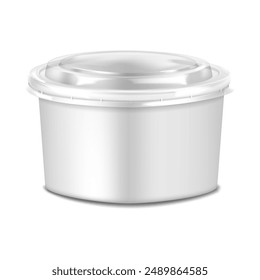 White paper salad bowl with clear plastic lid. 3d mockup. Disposable takeaway food container. Realistic vector mock-up. Template for design