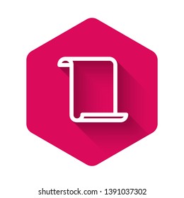 White Paper scroll icon isolated with long shadow. Canvas scroll sign. Pink hexagon button. Vector Illustration