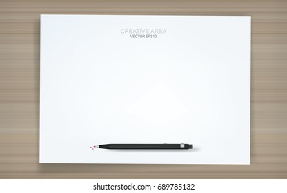 White paper sheet background with black metal pencil on wood texture. Vector illustration