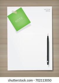 White paper sheet background and green paper stick with black metal pencil on wood texture. Vector illustration