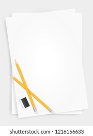 White paper sheet background with pencil and eraser. Vector illustration.