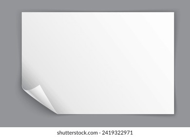 White paper sheet with bending bottom left corner isolated on grey background. Vector illustration
