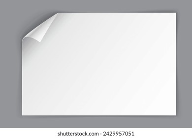 White paper sheet with bending top left corner isolated on grey background. Vector illustration
