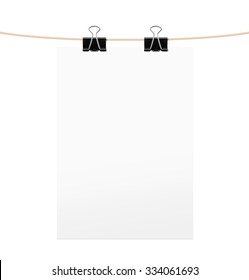 White paper sheet with black clips on rope. Vector illustration
