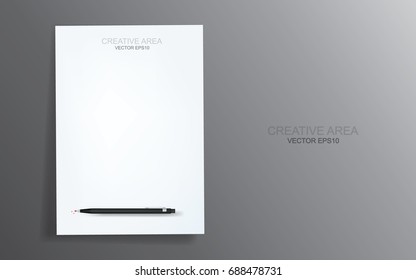 White paper sheet and black metal pencil on dark grey gradient background. Vector illustration.
