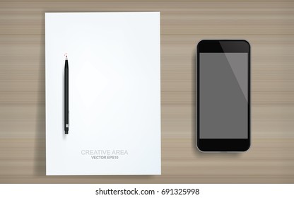 White paper sheet and blank screen smartphone on wood texture. Vector illustration