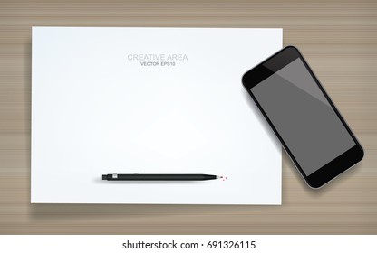 White paper sheet and blank screen smartphone on wood texture. Vector illustration