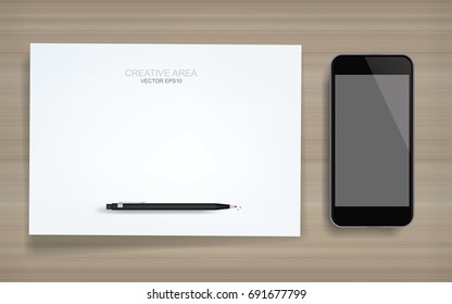 White paper sheet and blank screen smartphone on wood texture. Vector illustration