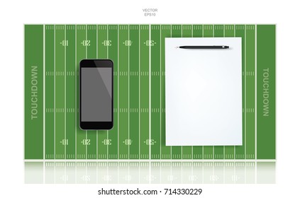 White paper sheet and blank smartphone with football field background. Vector abstract background for american sport.