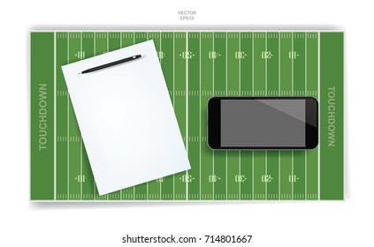White paper sheet and blank smartphone with football field background. Vector abstract background for american sport.