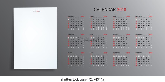 White paper sheet with calendar 2018 year background. Vector graphic idea for template design.