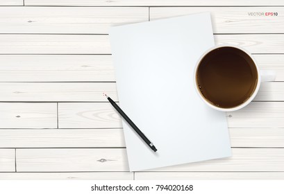 White paper sheet and coffee cup on white wood texture background. Vector illustration