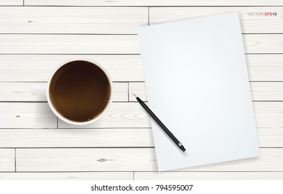White paper sheet and coffee cup on white wood texture background. Vector illustration